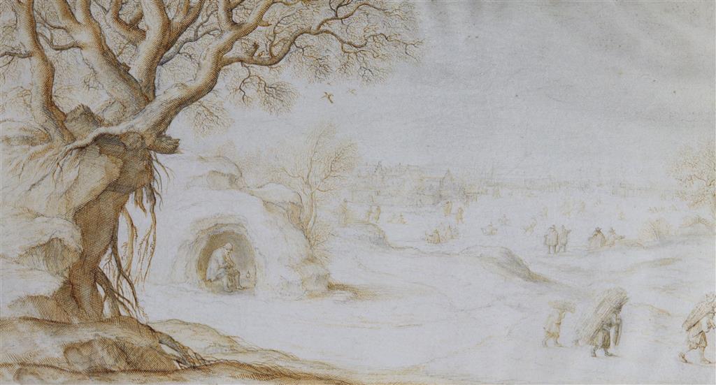 Anton Crussens (c.1635-c.1665) Winter landscape, with a figure in a cave, others carrying faggots of wood and skating on a frozen lake,